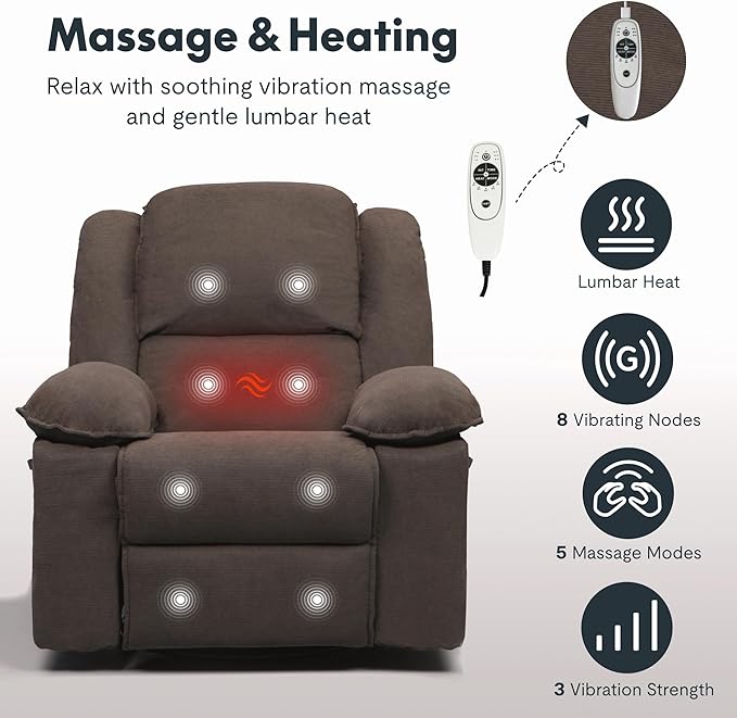 FLEXISPOT Massage Swivel Rocker Recliner Chair for Adults, Rocking Chair Nursery with Massage and Heat, USB Charging Port, 360° Swivel Recliner for Living Room Bedroom Nursery, Brown (XRC2)