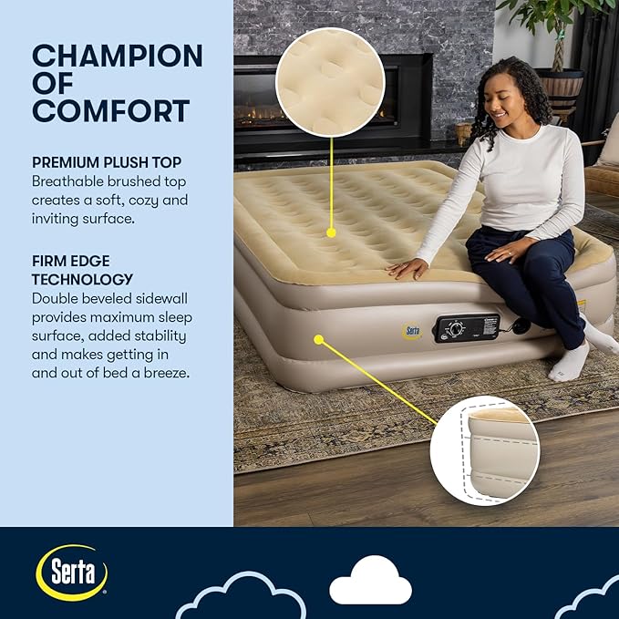 Serta Raised Air Mattress with Never Flat Pump | Luxury Inflatable Mattress with Built in Air Pump to Ensure a Good Night’s Rest | Heavy Duty Blow Up Mattress with Self Inflating Pump
