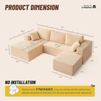 107" Boneless Couch with Deep Seat, Modular Sectional Sofa, Cloud Sectional Couch for Living Room, No Assembly Required, Corduroy, U-Shape 3 Seater Left, Camel