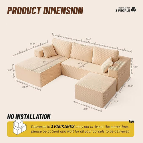 107" Boneless Couch with Deep Seat, Modular Sectional Sofa, Cloud Sectional Couch for Living Room, No Assembly Required, Corduroy, U-Shape 3 Seater Left, Camel