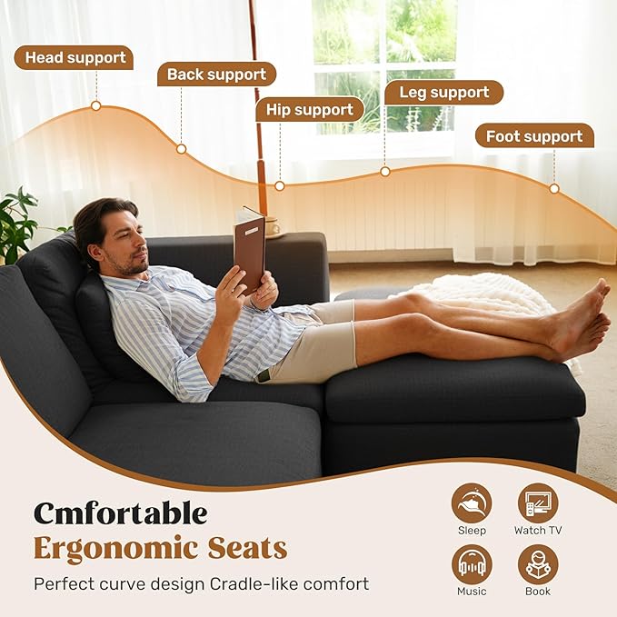 115" Cloud Boneless Sectional Couch, Deep Seat L Shaped Modular Couch with Ottoman, Oversized Upholstered Convertible 4 Seater Modular Sofa for Living Room,Black Chenille