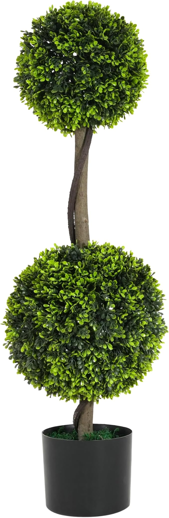 Christopher Knight Home Alene Set of 2 34''H Pre-Potted Artificial Tree Indoor, Artificial Topiary Boxwood Tree Double Ball with Pot, Faux Tree with Natural Wood Trunk with Black Plastic Pot, Green