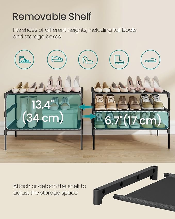 SONGMICS Shoe Rack, 3-Tier Shoe Storage Organizer, Space-Saving, 11.6 x 24.5 x 21 Inches, Entryway, Metal Frame, Non-Woven Fabric Shelves, Ink Black ULSH023BH01