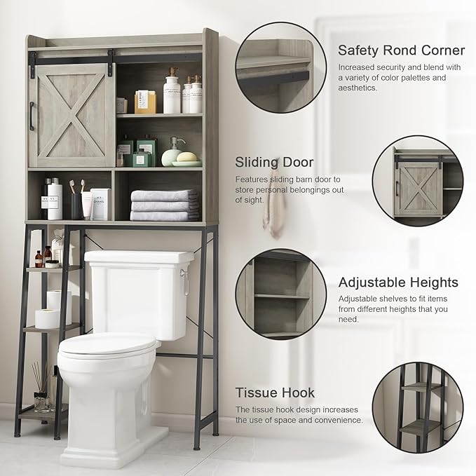 Over The Toilet Storage Cabinet, Farmhouse Storage Cabinet Over Toilet with Sliding Barn Door,Home Space-Saving Toilet Rack, for Bathroom, Restroom, Laundry, Grey