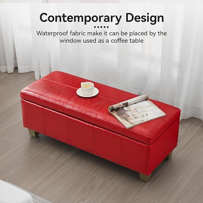 41" Faux Leather Storage Ottoman, Stitch Tufted Rectangle Upholstered End of Bed Storage Bench, Entryway Large Couch Ottoman with Wooden Legs,Red