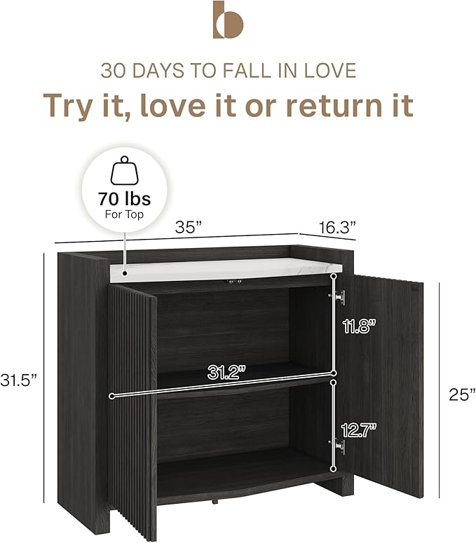 BELLEZE Set of 3 Modular Sideboard Buffet Cabinet with Storage,105'' Modern Credenza with Adjustable Shelves, Fluted Black Console Table with Faux Marble Panel for Kitchen, Entryway, Dining Room