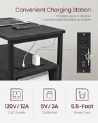 VASAGLE Side End Table with Charging Station, Slim Nightstand with 2 Drawers, Narrow Bedside Table for Living Room, Small Spaces, Charcoal Gray and Ink Black ULET321B22