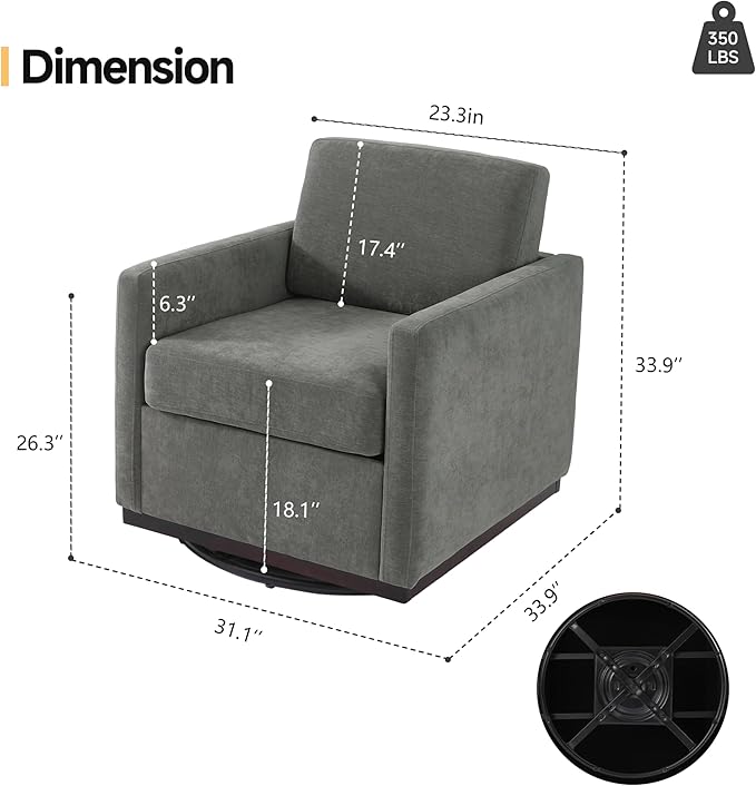 Pia Ricco Single Swivel Barrel Chair, Mid-Century Modern Accent Armchair with Plush Chenille Upholstery for Living Room & Cozy Reading Nook, Dark Gray