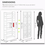 4NM 6 Tiers No Assembly Book Shelves, 61.8" H Folding Bookshelf Bookcase Open Industrial Foldable Shelves for Bedroom, Living Room, Home Office - All White