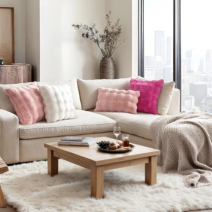 MIULEE Faux Fur Pillow Covers Thick Soft Plush Lumbar Throw Pillows Luxury Home Decor for Couch Bed Bedroom Living Room Sofa,12x20 Inch Pack of 2 Hot Pink