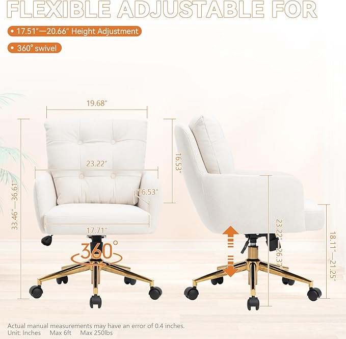 Velvet Office Chair, Comfy Home Office Desk Chairs with Lumbar Support, Modern Velvet Desk Chair Gold Legs Small Swivel Task Chair for Home Office, Bedroom, Study (Beige, L)