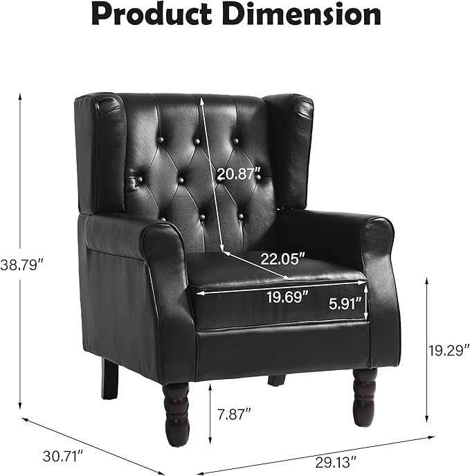 Mid-Century Modern 2-Piece Wingback Chair Set - Luxe Faux Leather Accent Chairs with Wooden Legs, Easy-Clean Lounge Seating for Living Room, Home Theater & Dining Room - PU Leather Matched Pair Black