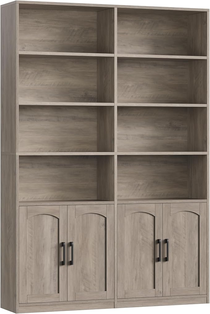 FACBOTALL Bookshelf and Bookcase with Doors, 6 Tier Double Wide Large Bookshelves, Open Display Shelves, 73'' Tall Bookshelf with Storage Cabinets for Home Office, Living Room, Library, Wash Gray