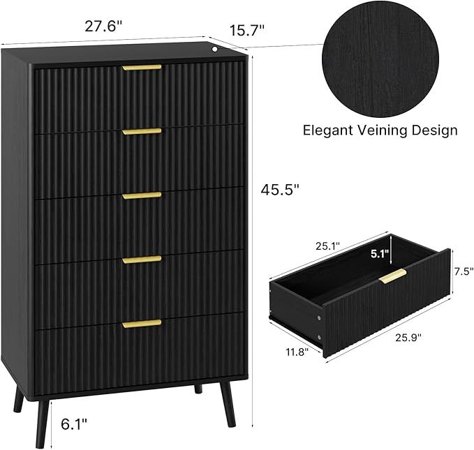 LYNSOM Fluted Dresser and Nightstand Sets 3 Piece, 5-Drawers Dresser and 2-Drawer Nightstands Set of 2, Wood Bedroom Furniture Set for Home, Bedroom, Hallway, Black