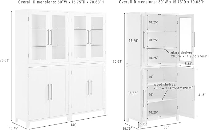 Crosley Furniture Roarke 2-Piece Glass Door China Hutch Kitchen Pantry Storage Cabinet Set, Dining Room, White