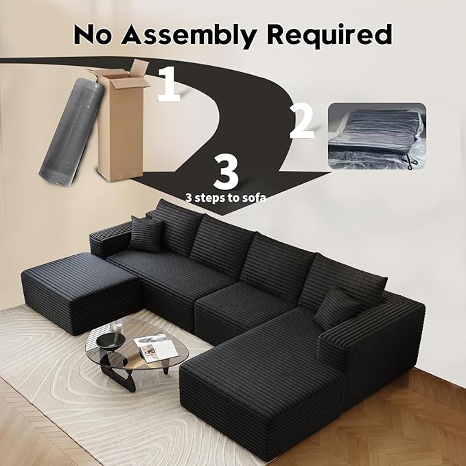 135.4" Cloud Sectional Couch with 1 Ottoman,Modern Modular Sofa with Deep Seat, Comfort U Shaped Sofa Couches for Living Room Bedroom Apartments,No Assembly Required, (Black,Right Facing Chaise)