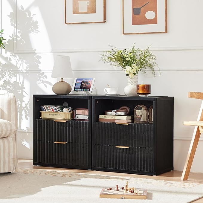 LEYAOYAO Fluted Nightstand with Charging Station, 23" Wide 2 Drawers End Table,Black Night Stand with Open Storage Cabinet, Farmhouse Bed Side Tables, Wood Dresser for Bedroom, Living Room, Closet