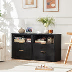 LEYAOYAO Fluted Nightstand with Charging Station, 23" Wide 2 Drawers End Table,Black Night Stand with Open Storage Cabinet, Farmhouse Bed Side Tables, Wood Dresser for Bedroom, Living Room, Closet