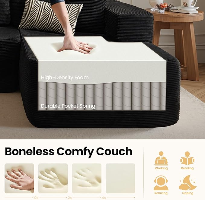 104" Cloud Sectional Couch with Chaise, Boneless L-Shaped Cloud Couch with Deep Seat, Corduroy Modern Minimalist Sofa, Assembly Free Comfy Sofa for Office Living Room Apartment(Black, Right Chaise)