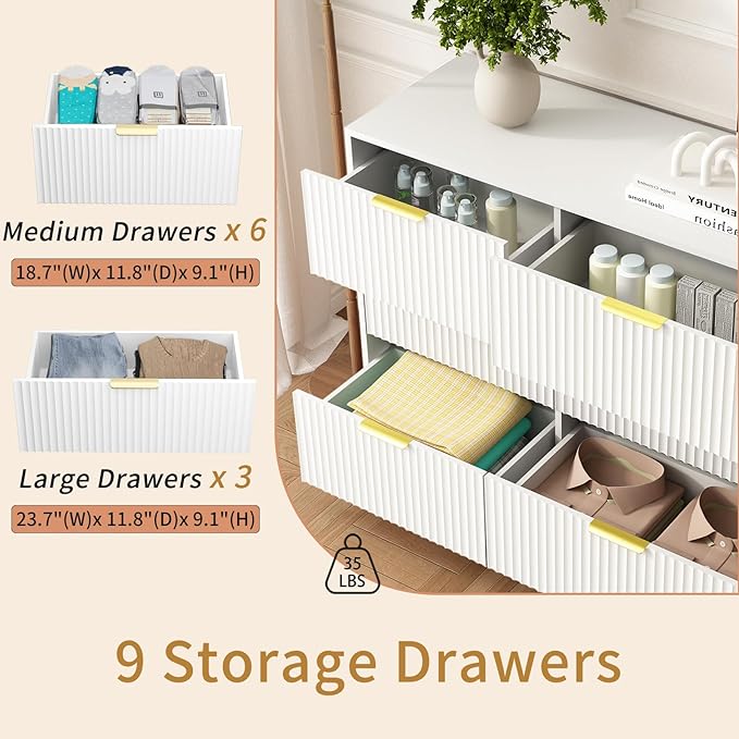 3-Piece Modern Bedroom Furniture Set, Wide 9-Drawer Dresser & 2-Drawer Nightstands Set of 2, Natural Wood Dresser and Nightstand Sets for Bedroom, Hallway, White