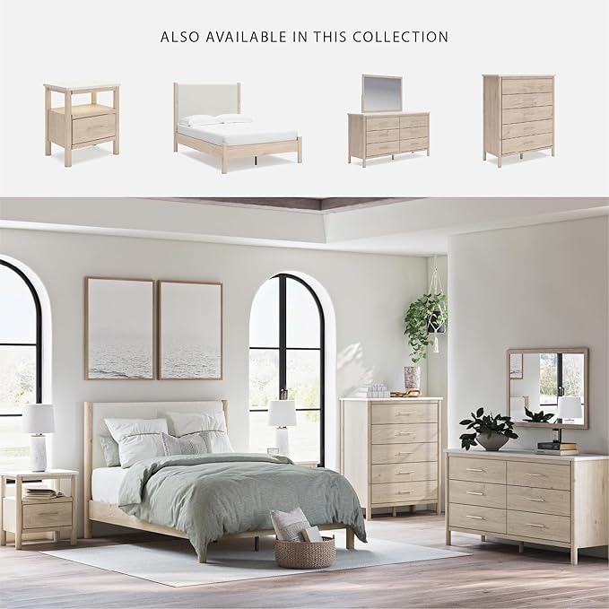 Signature Design by Ashley Cadmori Bohemian 5-Drawer Chest of Drawers with Safety Stop and Post Legs, White & Light Brown