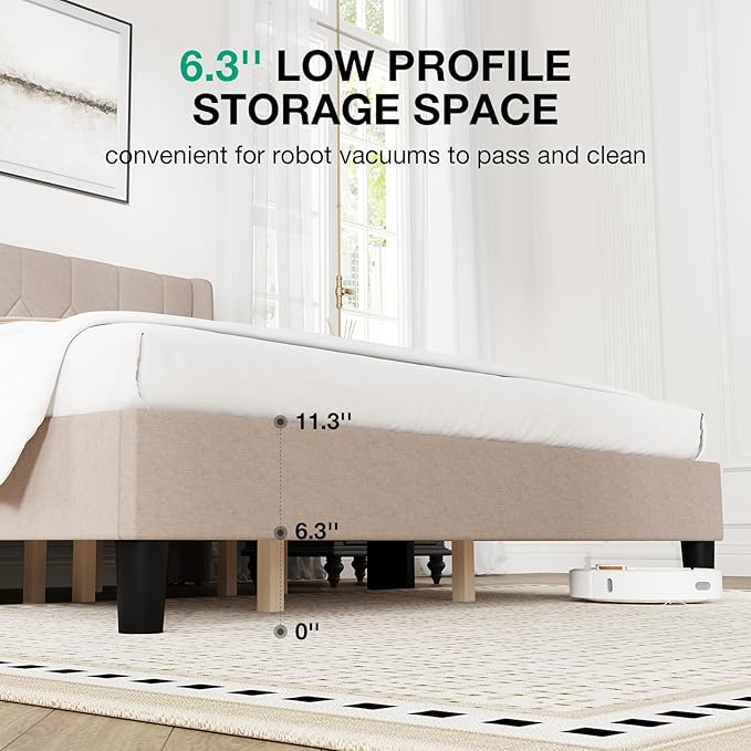 Novilla King Bed Frame, King Bed Frame with Headboard, Linen Upholstered Pull-Point Wing Side Headboard, No Box Spring Needed, Heavy Duty Feet, Easy Assembly, Beige