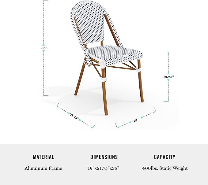 Martha Stewart Lily Pond Indoor-Outdoor Stackable Bistro Chairs with Natural Woodgrain Aluminum Frame Finish, White/Navy Woven Rattan Backrests/Seats, Set of 2