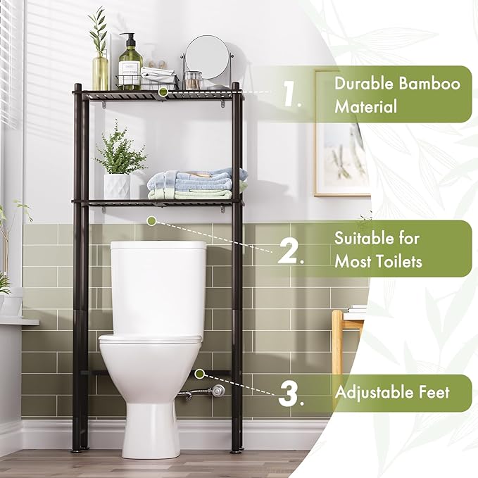 AmazerBath Bamboo Over The Toilet Storage Shelf, 2-Tier Over Toilet Bathroom Organizer Rack, Bathroom Shelves Over Toilet Space Saver, Espresso