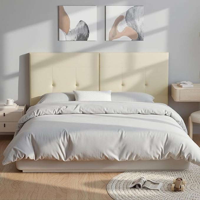 King Headboard Only with Adjustable Metal Legs, Faux Leather Upholstered Headboard King Size, Modern Stylish Headboard with Sunken Dot Design, Sturdy Bed Headboard for Bedroom, Beige