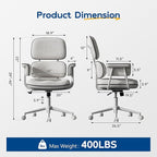 Fabric Office Chair with Granular Linen, Mid Back Vintage Desk Chair with Wheels and Wide Arms, Mid Century Modern Home Office Desk Chairs with Molded Cotton Seat Cushion, Adjustable Height, White