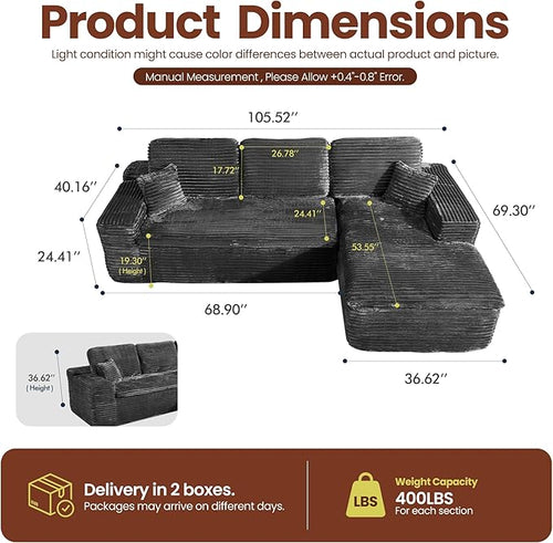 106" Oversized Couch Sofa, L Shape Couches for Living Room, No Assembly Required Plush Velvet Sectional Sofas with Right Facing Chaise for Home Apartment