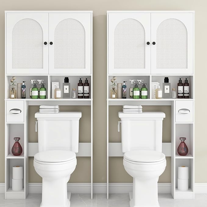 Vabches Over The Toilet Storage Cabinet, Rattan Storage Cabinet Over Toilet with 2 Doors & Toilet Paper Holder Stand, Freestanding Toilet Shelf Space Save with Anti-Tip Design Adjustable Shelf, White