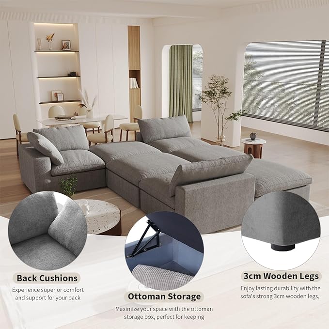 Cloud Couch Modular Sectional Sofa with Storage Ottoman,L Shaped Couch for Living Room,120.45inch Down Filled 4 Seater Convertible Sectional Sofas,Covers Washable&Replaceable (Grey)