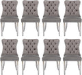 Velvet Upholstered Dining Chairs Set of 8, Modern Style Kitchen Side Chairs with Nailhead Trim and Silver Plated Leg, Metal Pulling Ring for Dining Room Living Room(Grey)