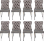 Velvet Upholstered Dining Chairs Set of 8, Modern Style Kitchen Side Chairs with Nailhead Trim and Silver Plated Leg, Metal Pulling Ring for Dining Room Living Room(Grey)
