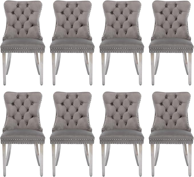Velvet Upholstered Dining Chairs Set of 8, Modern Style Kitchen Side Chairs with Nailhead Trim and Silver Plated Leg, Metal Pulling Ring for Dining Room Living Room(Grey)