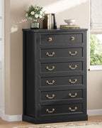 AOGLLATI Farmhouse Dresser with 6 Drawers, 51.2”Tall Wooden Chest of Drawers with Natural Texture, Vintage Design, Black Dresser for Bedroom, Black