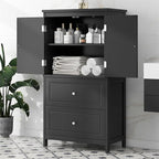 Polibi 43.3" H Storage Cabinet with 2 Doors, 2 Drawers, Adjustable Shelf, Wooden Linen Cabinet for Bathroom, Office, Kitchen, Black