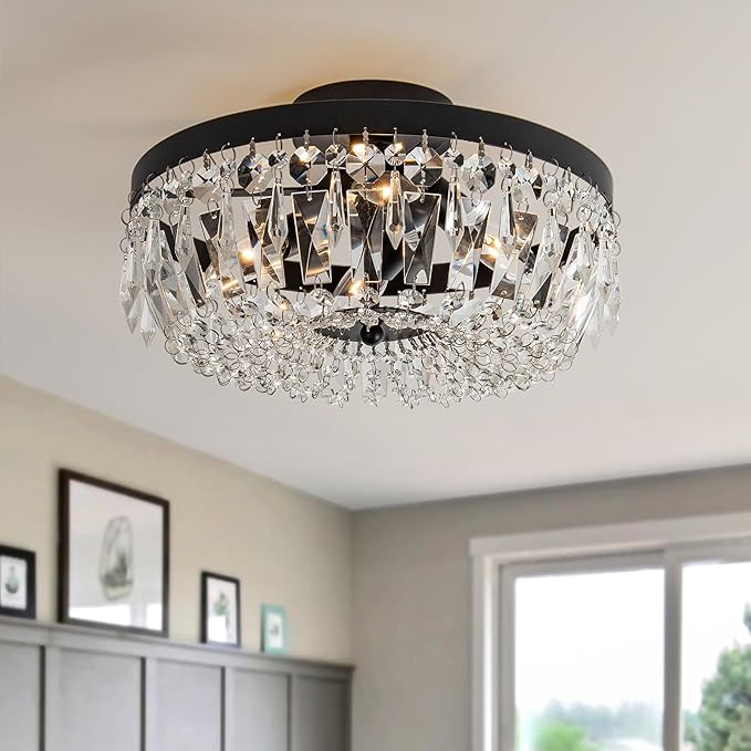 Veronie Crystal Ceiling Light Fixture, 4-Light Modern Semi Flush Mount Ceiling Light, Black Lighting Fixtures Lamp for Hallway, Kitchen, Entryway, Bedroom, Laundry Room