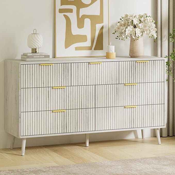 LYNSOM Fluted Dresser and Nightstand Sets 2 Piece, 1-Drawer Nightstands and 7-Drawers Dresser, Wood Bedroom Furniture Set for Home, Bedroom, Hallway, White