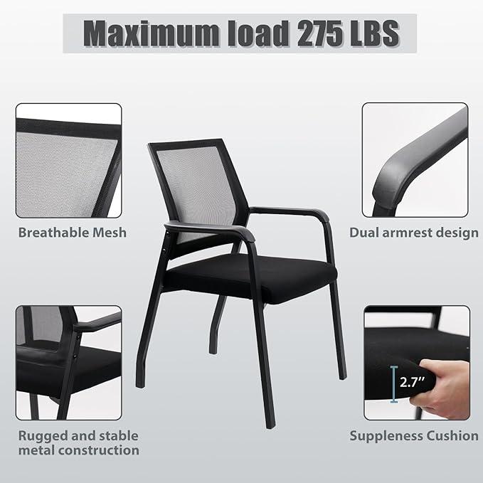 Ergonomic Mesh Guest Chair – No Wheels, Lumbar Support Design, Thick Cushion & Padded Arms – for Office Reception, School, Church Waiting Rooms, Lobby – Black 8PK