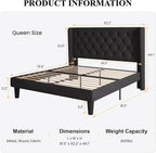 SHA CERLIN Queen Size Platform Bed Frame with Upholstered Headboard and Wingback, Button Tufted Design, Easy Assembly, No Box Spring Needed, Black