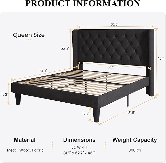 SHA CERLIN Queen Size Platform Bed Frame with Upholstered Headboard and Wingback, Button Tufted Design, Easy Assembly, No Box Spring Needed, Black