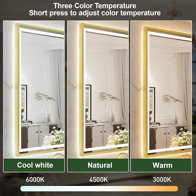 60X40 Inch Led Bathroom Mirror,Frontlit & Backlit Lighted Mirror,Gold Metal Frame Vanity Mirror for Wall,Double Lights Strips,Anti Fog Stepless 3 Colors Temperature & Dimmable
