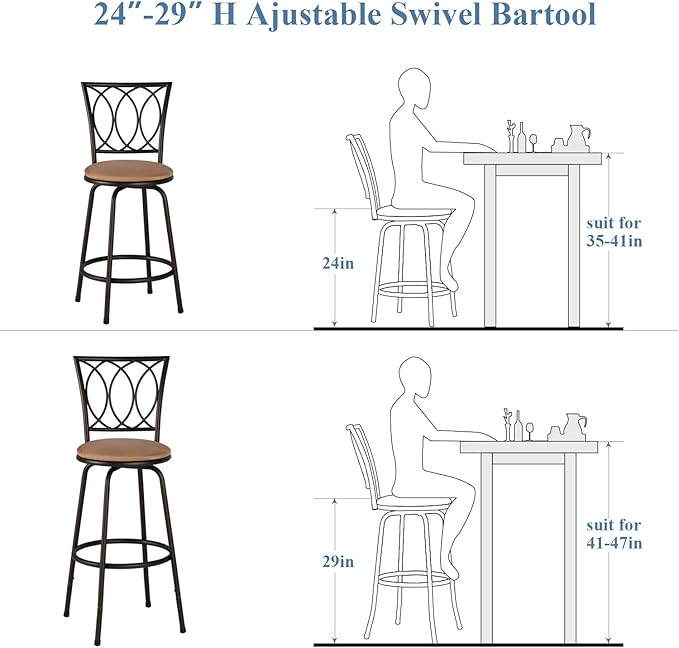 VECELO Adjustable Height Barstools 360 Degree Swivel Sturdy Steel Bistro Pub Chair/Comfortable Round Seat Cushions-Set of 2, Style B, Retro Brown