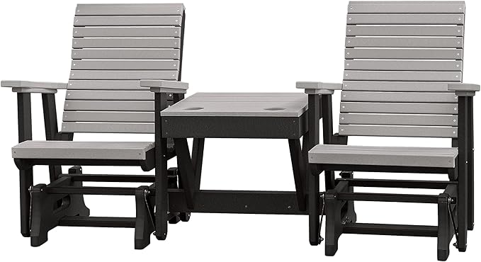 DutchCrafters Modern Horizontal Slat High Back Poly Double Glider Chairs with Center Table Outdoor Patio Furniture (Black & Light Gray)