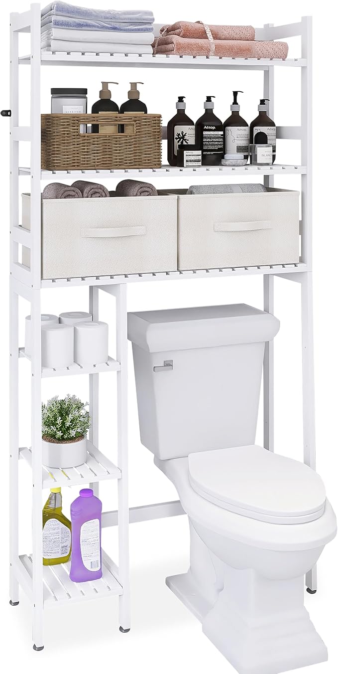 SMIBUY Over The Toilet Storage with Drawers, Large Bathroom Space Saver Organizer Rack, Freestanding Behind Toilet Stand with 6-Tier Shelf and Waterproof Feet Pad for Restroom, Laundry (White)