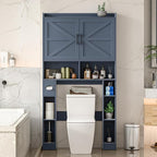 Over The Toilet Storage Cabinet, Farmhouse Toilet Cabinet Rack with Barn Doors, Space Saving Bathroom Organizer with Shelves, Toilet Paper Holder and Towel Rack for Bathroom,Restroom,Laundry,Blue