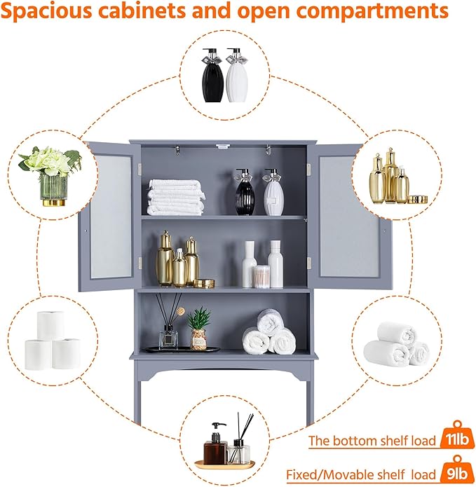 Yaheetech Over The Toilet Storage Cabinet, Free Standing Toilet Rack with Adjustable Shelves and Tempered Glass Doors for Bathroom Washroom, Grey