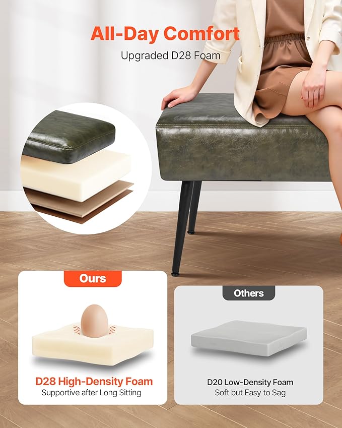 VEVOR Leather Bedroom Bench, PU Leather Bench with Metal Legs and with Stitching for Entryway, Upholstered Shoe Bench Seat, Modern End of The Bed Benches for Living Room, Dining Room, Hallway, Green